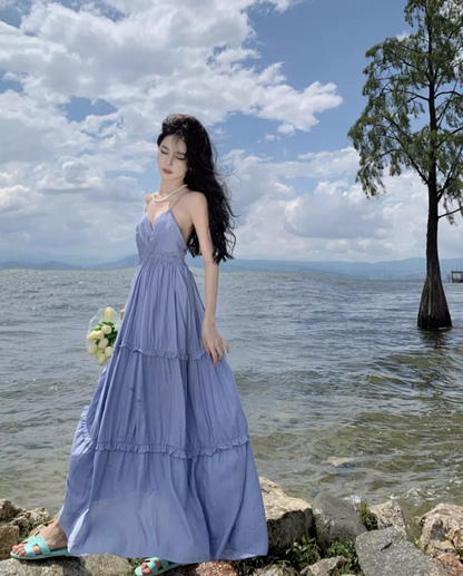French Style Beach Getaways Ruffled Maxi Dress V-Neck Loose Style Long Dress AP1146