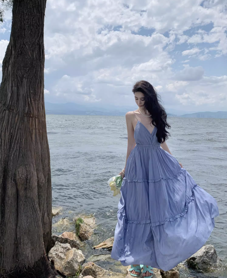French Style Beach Getaways Ruffled Maxi Dress V-Neck Loose Style Long Dress AP1146