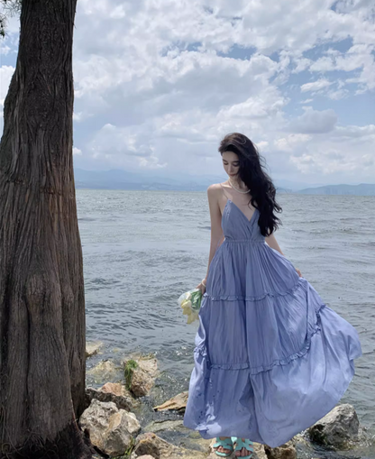 French Style Beach Getaways Ruffled Maxi Dress V-Neck Loose Style Long Dress AP1146
