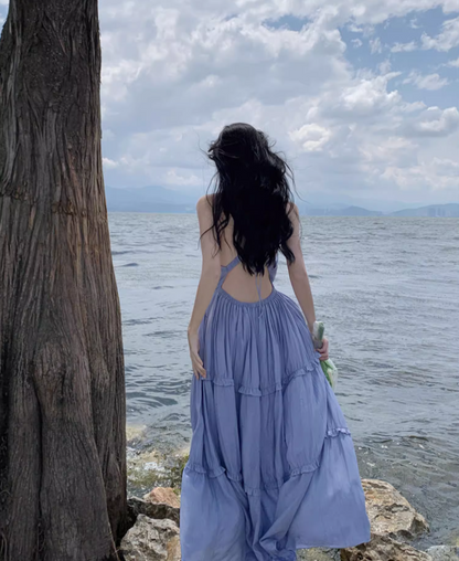 French Style Beach Getaways Ruffled Maxi Dress V-Neck Loose Style Long Dress AP1146