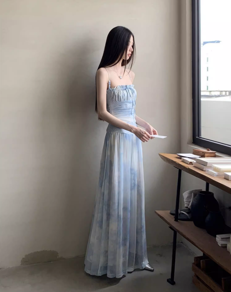 Casual Light Blue Tie-Dye Maxi Dress Vacays Getaways Loose Style Tulle Overlay Long Dress AP1147