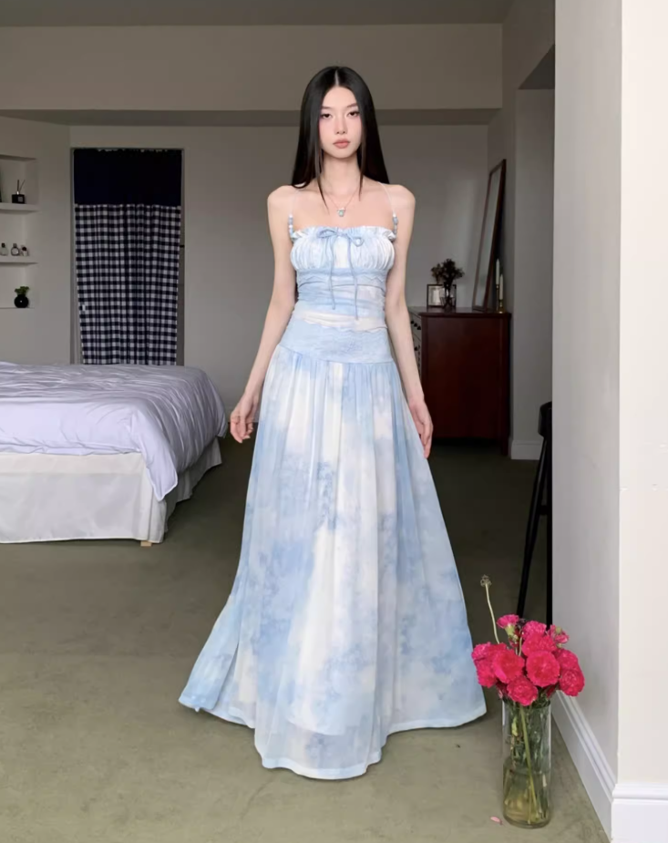 Casual Light Blue Tie-Dye Maxi Dress Vacays Getaways Loose Style Tulle Overlay Long Dress AP1147