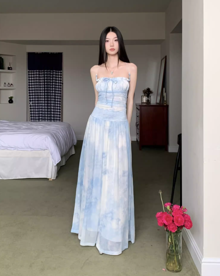 Casual Light Blue Tie-Dye Maxi Dress Vacays Getaways Loose Style Tulle Overlay Long Dress AP1147