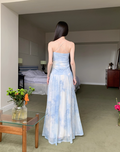 Casual Light Blue Tie-Dye Maxi Dress Vacays Getaways Loose Style Tulle Overlay Long Dress AP1147