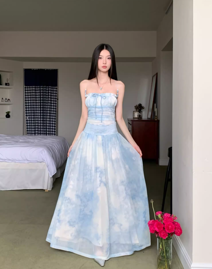 Casual Light Blue Tie-Dye Maxi Dress Vacays Getaways Loose Style Tulle Overlay Long Dress AP1147