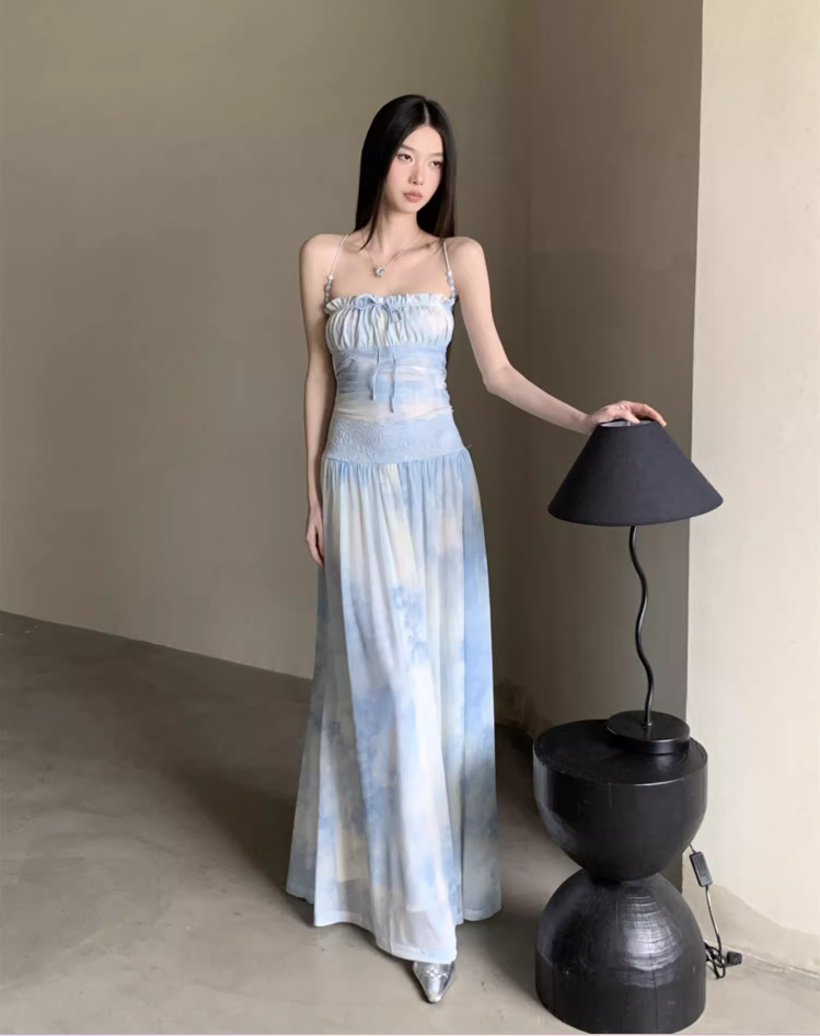 Casual Light Blue Tie-Dye Maxi Dress Vacays Getaways Loose Style Tulle Overlay Long Dress AP1147