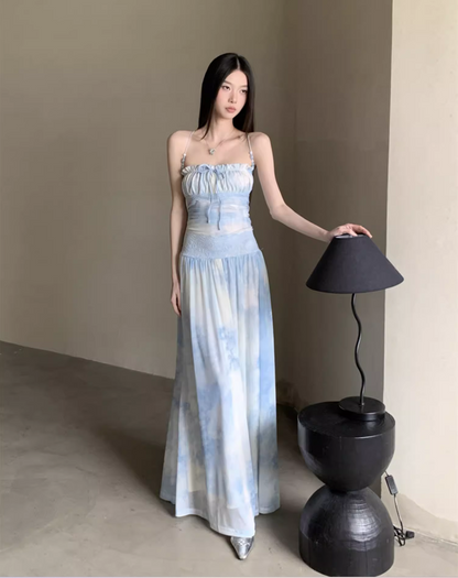 Casual Light Blue Tie-Dye Maxi Dress Vacays Getaways Loose Style Tulle Overlay Long Dress AP1147