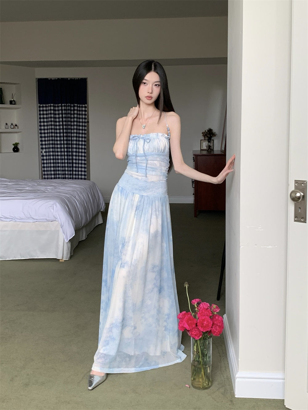 Casual Light Blue Tie-Dye Maxi Dress Vacays Getaways Loose Style Tulle Overlay Long Dress AP1147