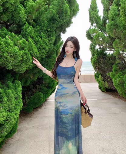 Boho-Style Blue Gradient Tie-Dye Maxi Dress Vacays Outfit Spaghetti Strap Long Dress AP1148