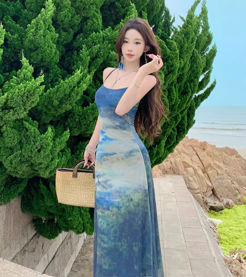 Boho-Style Blue Gradient Tie-Dye Maxi Dress Vacays Outfit Spaghetti Strap Long Dress AP1148