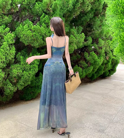 Boho-Style Blue Gradient Tie-Dye Maxi Dress Vacays Outfit Spaghetti Strap Long Dress AP1148