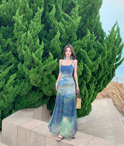 Boho-Style Blue Gradient Tie-Dye Maxi Dress Vacays Outfit Spaghetti Strap Long Dress AP1148