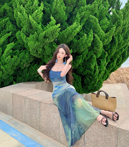 Boho-Style Blue Gradient Tie-Dye Maxi Dress Vacays Outfit Spaghetti Strap Long Dress AP1148