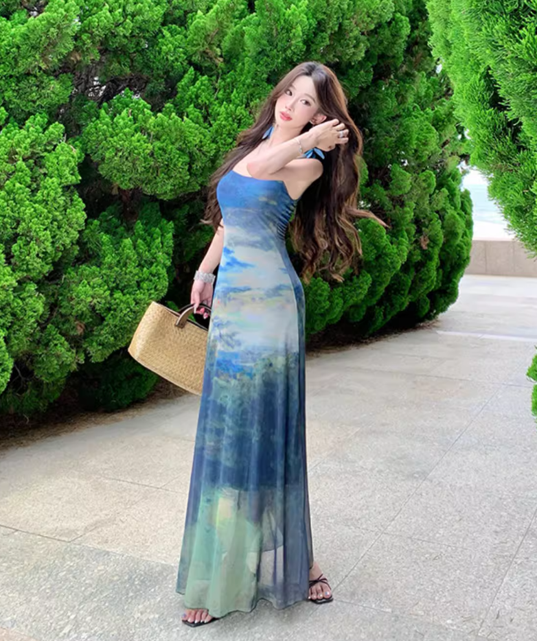 Boho-Style Blue Gradient Tie-Dye Maxi Dress Vacays Outfit Spaghetti Strap Long Dress AP1148