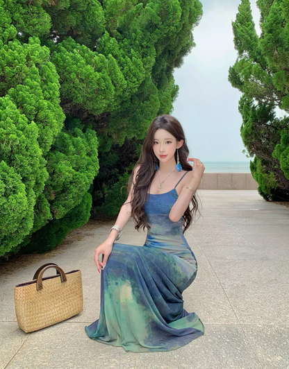 Boho-Style Blue Gradient Tie-Dye Maxi Dress Vacays Outfit Spaghetti Strap Long Dress AP1148