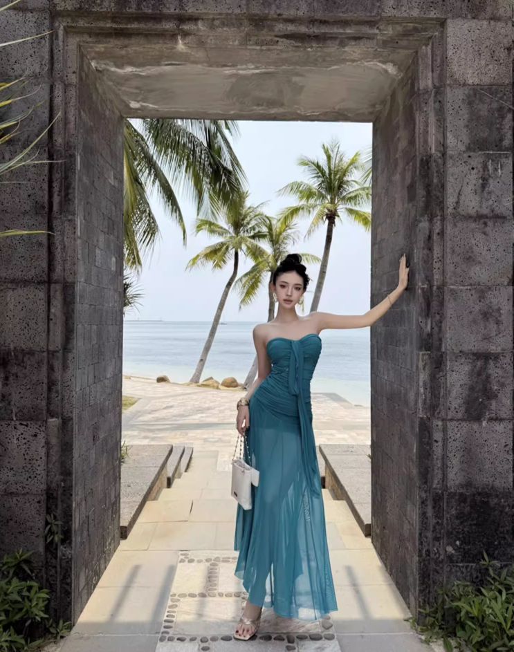 Vintage Teal Strapless Mesh Fabric Maxi Dress Minimalist Flowy Ruched Long Dress AP1149