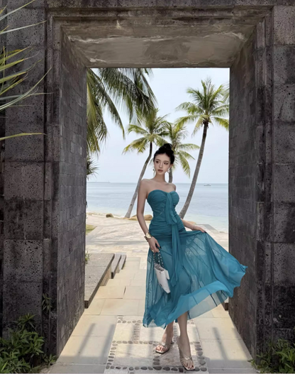 Vintage Teal Strapless Mesh Fabric Maxi Dress Minimalist Flowy Ruched Long Dress AP1149