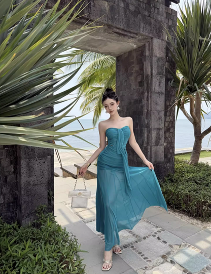 Vintage Teal Strapless Mesh Fabric Maxi Dress Minimalist Flowy Ruched Long Dress AP1149
