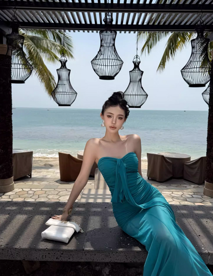 Vintage Teal Strapless Mesh Fabric Maxi Dress Minimalist Flowy Ruched Long Dress AP1149