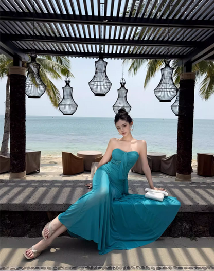 Vintage Teal Strapless Mesh Fabric Maxi Dress Minimalist Flowy Ruched Long Dress AP1149