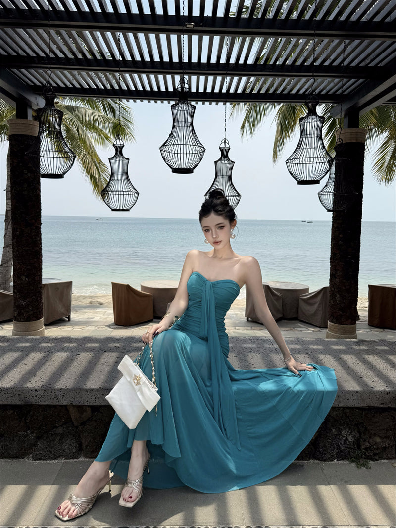 Vintage Teal Strapless Mesh Fabric Maxi Dress Minimalist Flowy Ruched Long Dress AP1149
