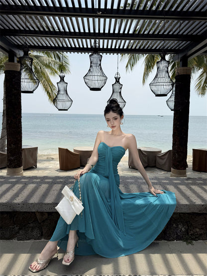 Vintage Teal Strapless Mesh Fabric Maxi Dress Minimalist Flowy Ruched Long Dress AP1149