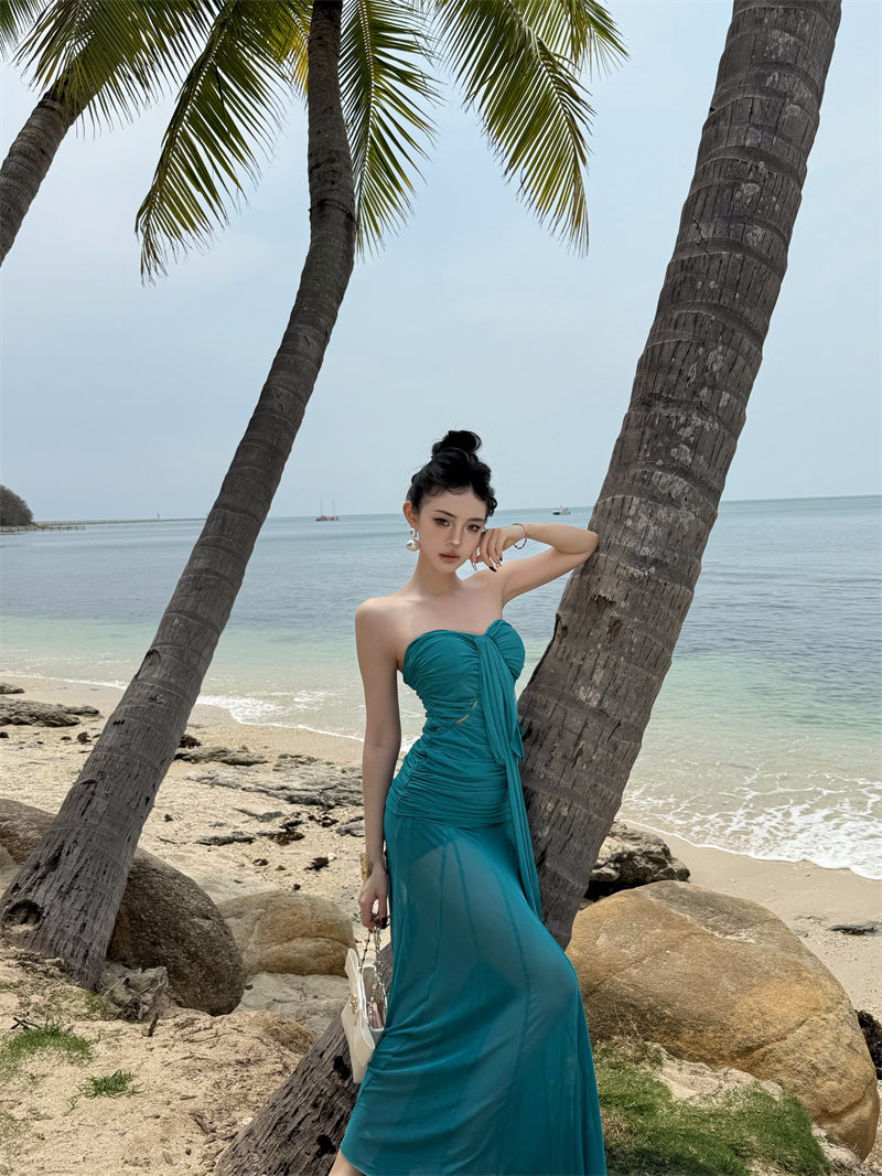 Vintage Teal Strapless Mesh Fabric Maxi Dress Minimalist Flowy Ruched Long Dress AP1149
