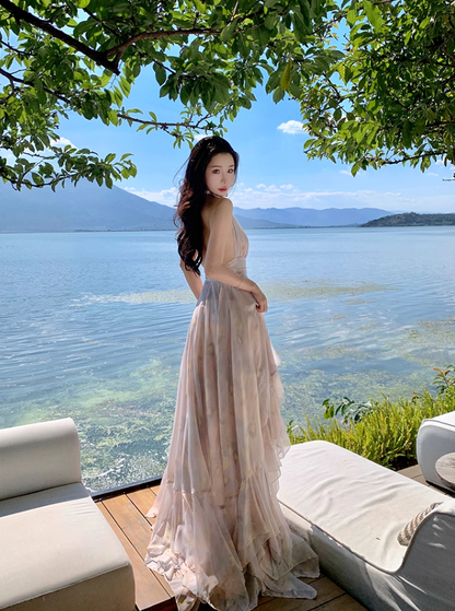 Gorgeous Tulle overlay Ruffles Maxi Dress Vacation Outfit Asymmetric Hi-Lo Hem Halter Long Dress AP1150