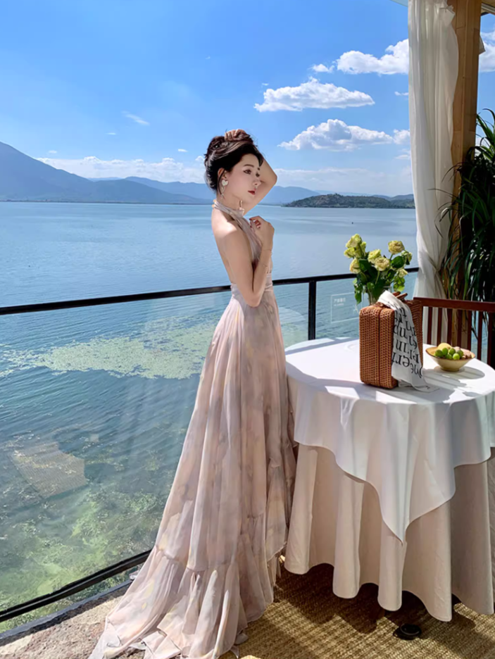 Gorgeous Tulle overlay Ruffles Maxi Dress Vacation Outfit Asymmetric Hi-Lo Hem Halter Long Dress AP1150