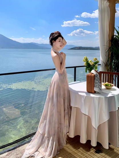 Gorgeous Tulle overlay Ruffles Maxi Dress Vacation Outfit Asymmetric Hi-Lo Hem Halter Long Dress AP1150