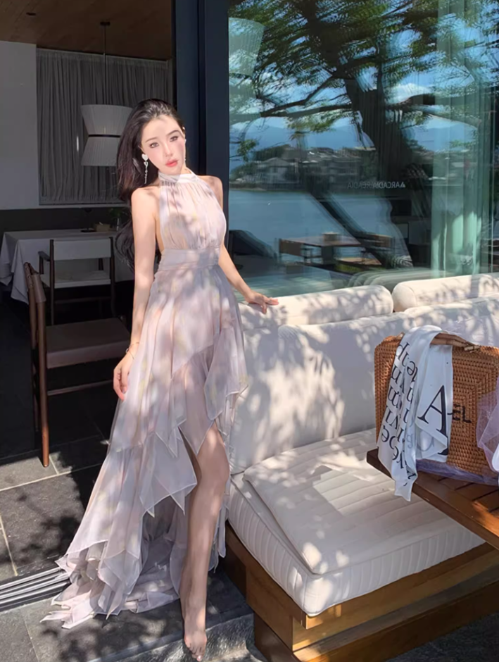 Gorgeous Tulle overlay Ruffles Maxi Dress Vacation Outfit Asymmetric Hi-Lo Hem Halter Long Dress AP1150