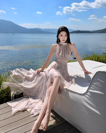 Gorgeous Tulle overlay Ruffles Maxi Dress Vacation Outfit Asymmetric Hi-Lo Hem Halter Long Dress AP1150