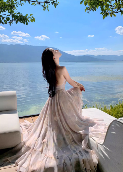 Gorgeous Tulle overlay Ruffles Maxi Dress Vacation Outfit Asymmetric Hi-Lo Hem Halter Long Dress AP1150