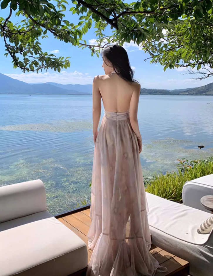 Gorgeous Tulle overlay Ruffles Maxi Dress Vacation Outfit Asymmetric Hi-Lo Hem Halter Long Dress AP1150