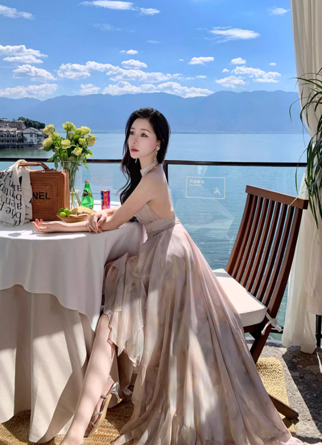 Gorgeous Tulle overlay Ruffles Maxi Dress Vacation Outfit Asymmetric Hi-Lo Hem Halter Long Dress AP1150