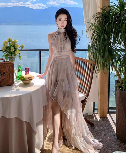 Gorgeous Tulle overlay Ruffles Maxi Dress Vacation Outfit Asymmetric Hi-Lo Hem Halter Long Dress AP1150