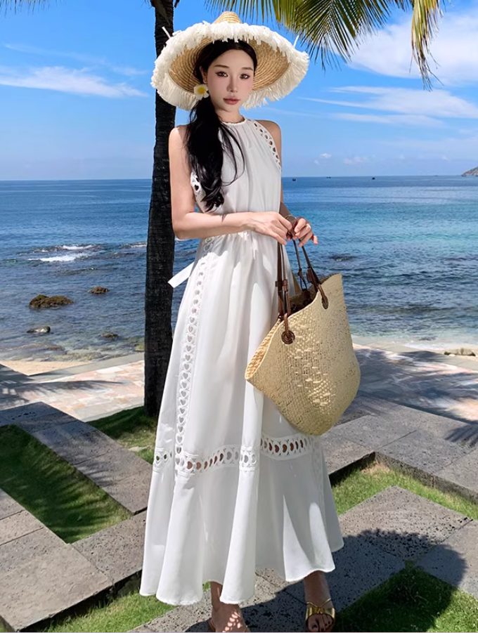 Graceful White Cutout Details Maxi Dress Vacation Outfit Soft Fabric Halter Long Dress AP1151