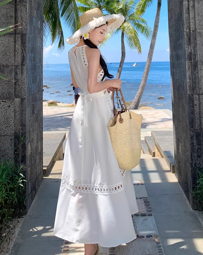 Graceful White Cutout Details Maxi Dress Vacation Outfit Soft Fabric Halter Long Dress AP1151