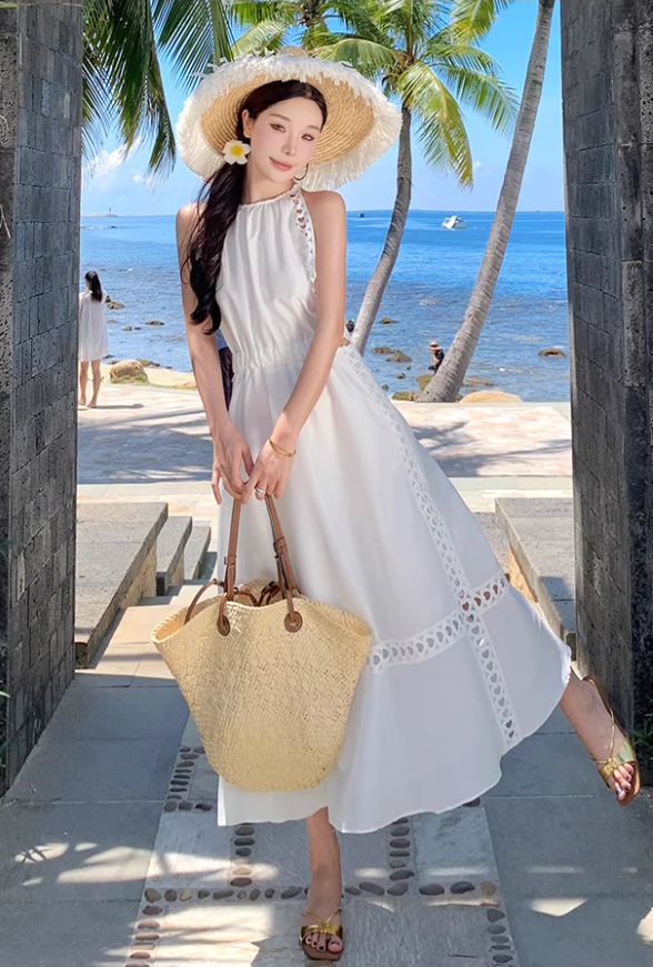 Graceful White Cutout Details Maxi Dress Vacation Outfit Soft Fabric Halter Long Dress AP1151