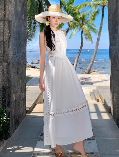 Graceful White Cutout Details Maxi Dress Vacation Outfit Soft Fabric Halter Long Dress AP1151