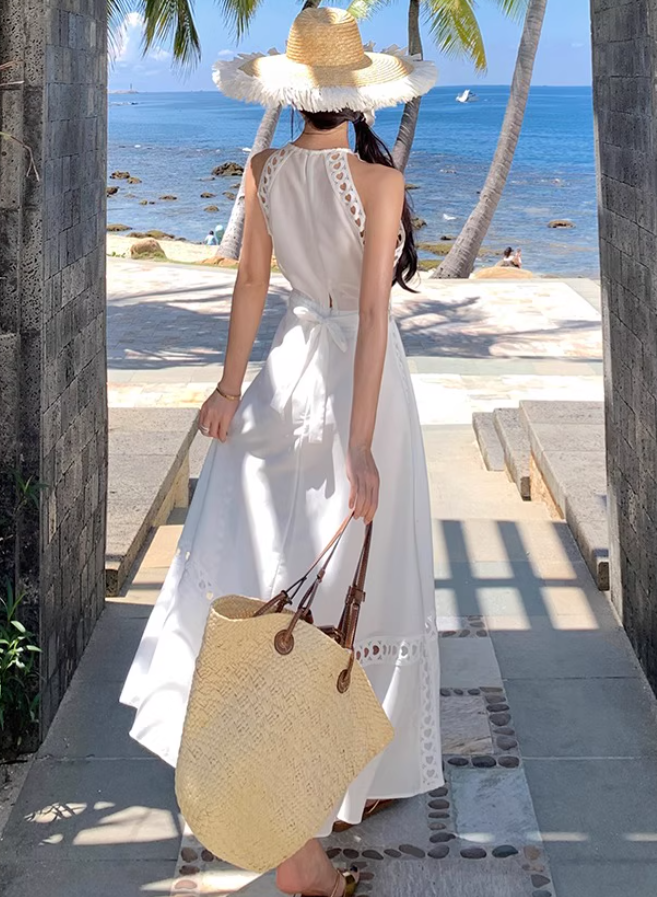 Graceful White Cutout Details Maxi Dress Vacation Outfit Soft Fabric Halter Long Dress AP1151