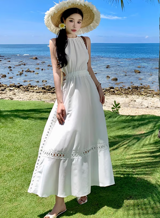 Graceful White Cutout Details Maxi Dress Vacation Outfit Soft Fabric Halter Long Dress AP1151