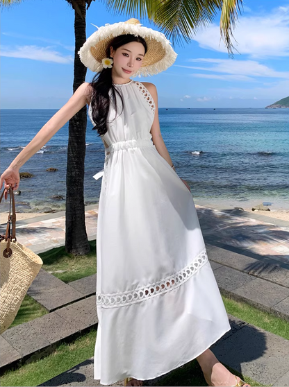 Graceful White Cutout Details Maxi Dress Vacation Outfit Soft Fabric Halter Long Dress AP1151