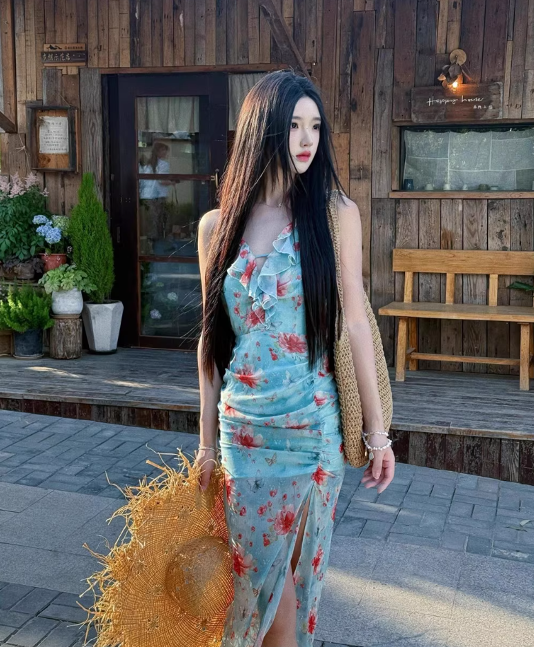 Hot Girls Floral Printed V-Neck Ruched Maxi Dress Ruffles Trimmed High-Slit Halter Dress AP1152