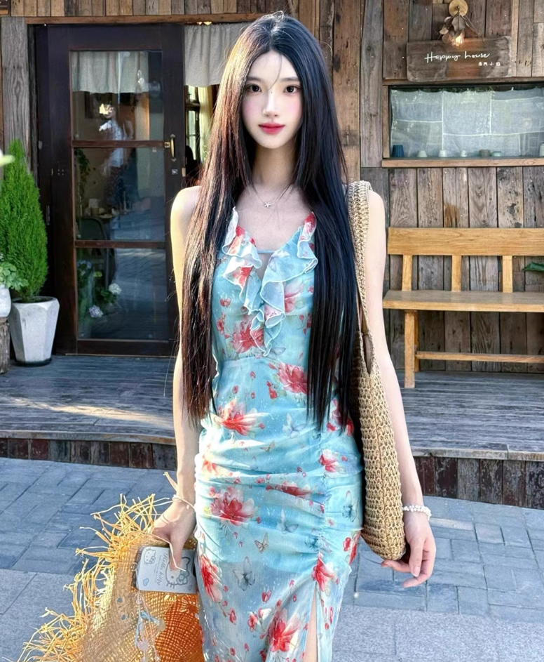 Hot Girls Floral Printed V-Neck Ruched Maxi Dress Ruffles Trimmed High-Slit Halter Dress AP1152