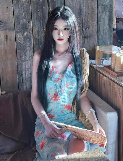 Hot Girls Floral Printed V-Neck Ruched Maxi Dress Ruffles Trimmed High-Slit Halter Dress AP1152