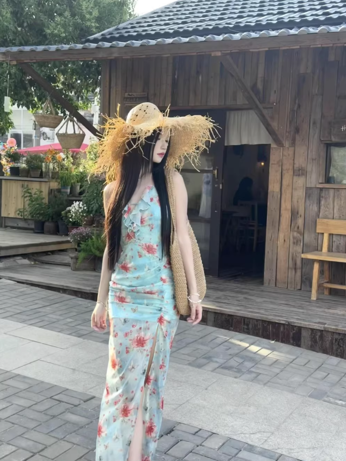 Hot Girls Floral Printed V-Neck Ruched Maxi Dress Ruffles Trimmed High-Slit Halter Dress AP1152