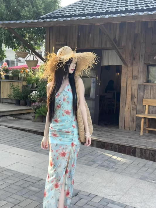 Hot Girls Floral Printed V-Neck Ruched Maxi Dress Ruffles Trimmed High-Slit Halter Dress AP1152