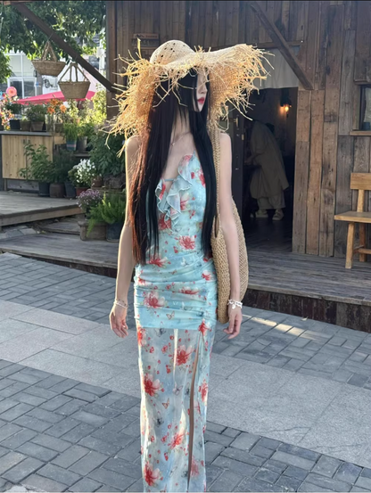 Hot Girls Floral Printed V-Neck Ruched Maxi Dress Ruffles Trimmed High-Slit Halter Dress AP1152