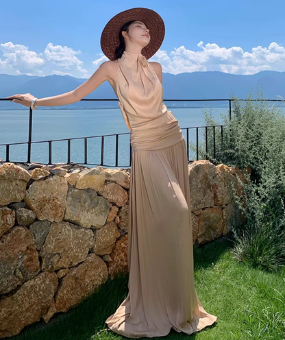 Elegant Draped Flowy Vocation Outfit Maxi Dress Backless Soft Fabric Halter Dress AP1153